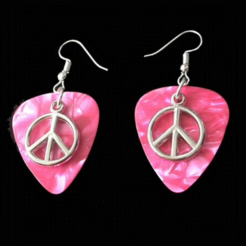 HANDCRAFTED Drop Earrings Repurposed Guitar Picks Peace Signs on Pearlized Pink